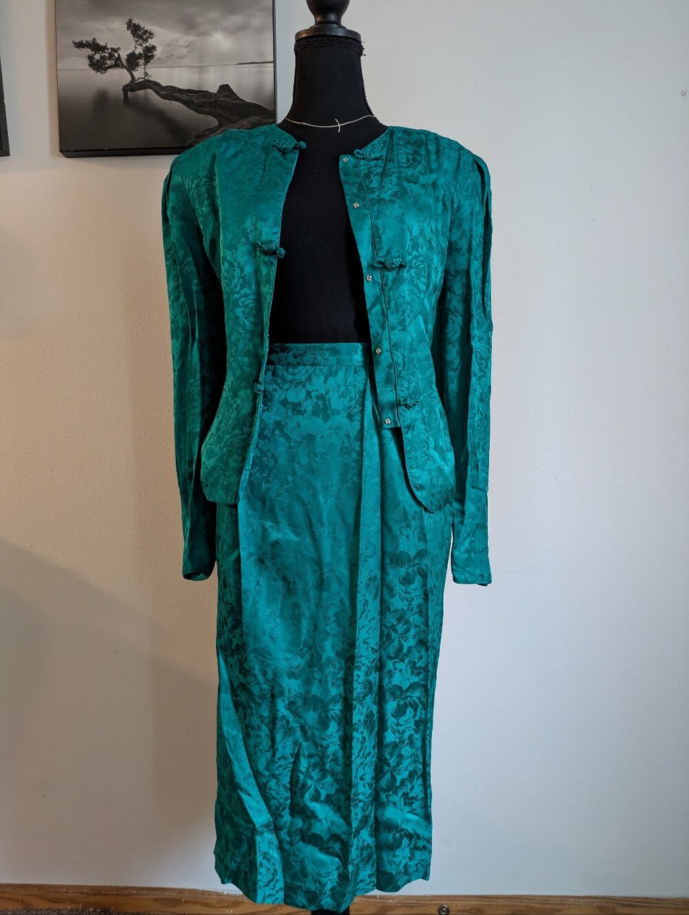 Vintage Spenser Jeremy 100% Silk Emerald Green Floral Suit Set Size 12